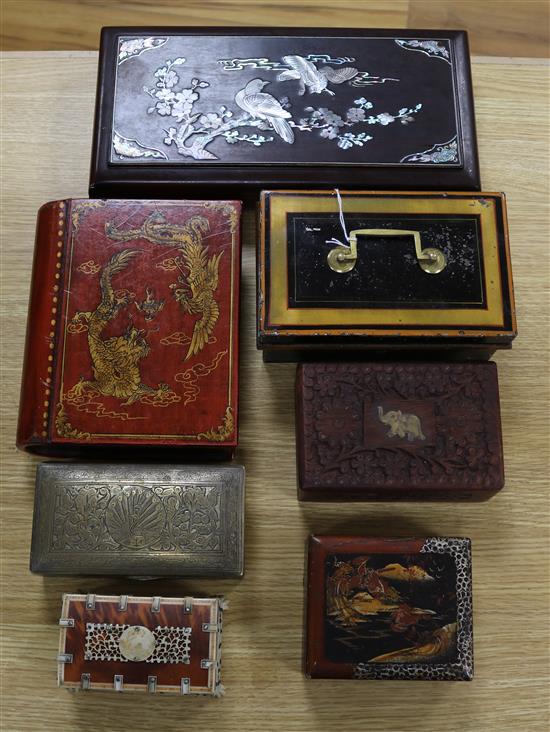 A quantity of boxes including Japanese and Indian to include a mother of pearl inlaid Japanese smokers box